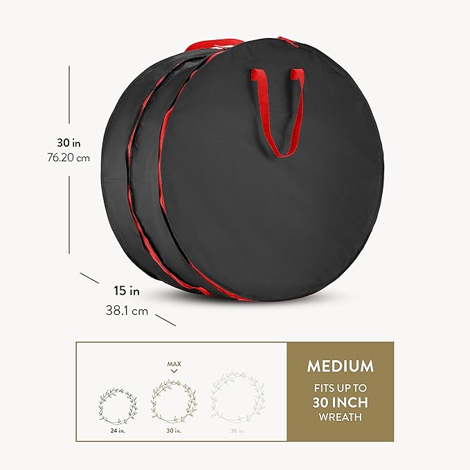 ZOBER Christmas Wreath Storage Container 30 Inch - Wreath Bag Fits 2 Wreaths Box - 600D Oxford Fabric - Interior Compartment for Storing Garlands, Wreaths Storage Bag W Strong Durable Handles - Black