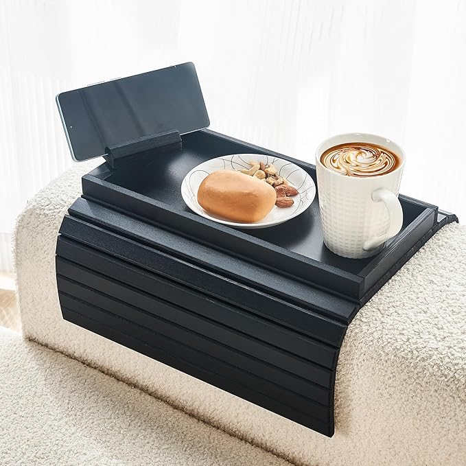 LOVYANXUE Bamboo Sofa Arm Tray Armrest Table with 360° Rotating Phone Holder, Anti Falling Couch Arm Tray, Foldable and Portable Sofa Armrest Cup Holder for Drink,Cups, Phone, Snacks, Remote