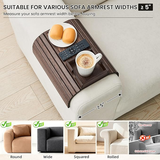 LOVYANXUE Bamboo Sofa Arm Tray Table, Foldable Couch Cup Holder, Anti-Slip Wide Couch Arm Tray Aremrest Table for Drink, Cup, Remote, Snacks, Cellphone, Portable, Brown