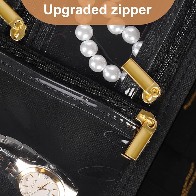 Leather Travel Jewelry Case Organizer,Jewelry Storage Book Binder with Clear Zipper Pouch & Lining-Portable Jewelry Bag for Earrings,Rings,Necklaces,Bracelets (3 PCS Black- Inner Pages)