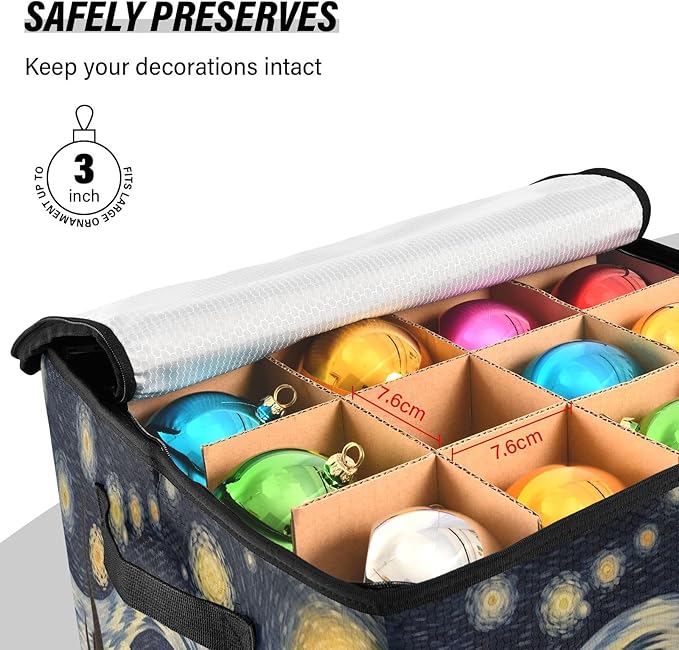 Kigai Van Gogh's Starry Sky Christmas Ornament Storage Box with Zipper & Adjustable Dividers Holiday Ornament Organizer Xmas Storage Container, 64 Balls