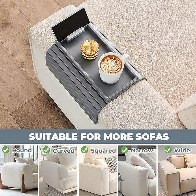 LOVYANXUE Bamboo Sofa Arm Tray, Anti Falling Couch Arm Tray Armrest Table with 360° Rotating Phone Holder, Foldable and Portable Sofa Armrest Trays Cup Holder for Drink,Cups, Phone, Snacks, Remote