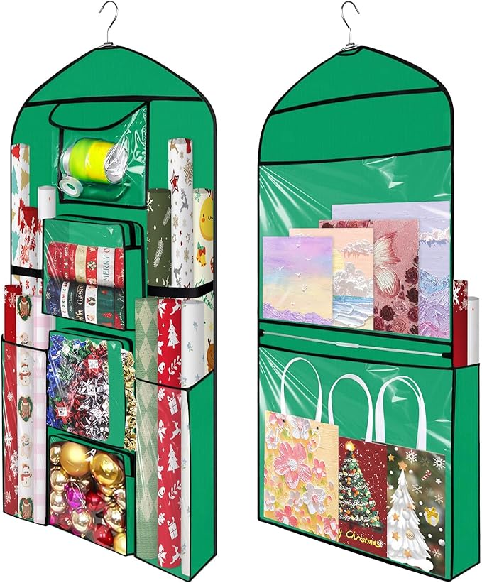 Hanging Gift Wrapping Paper Organizer Storage 48x24 Inch Double-Sided Over The Door Christmas Wrapping Storage Containers Gift Wrapping Organizer Present Paper Craft Roll Holder for Closet Door（Green）