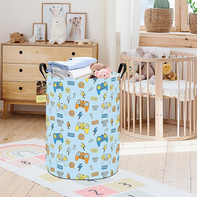 HUNRUNG Collapsible Fabric Storage Basket, Waterproof Laundry Hamper with Handles, Round Storage Bin for Clothes Toys, Foldable Organizer for Bedroom Nursery Bathroom(Round-Color Game)
