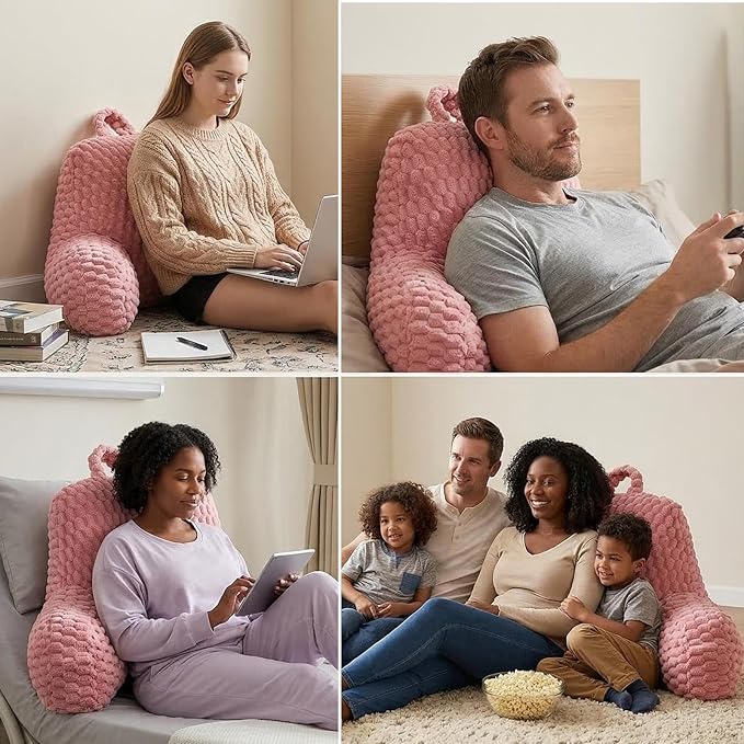 Faux Fur Reading Pillow for Bed Adults, Ultra Soft Plush Floor Backrest Pillow with Side Pockets for Bed & Couch, Perfect for Reading, Watching TV, Gaming, Relaxing, Pink