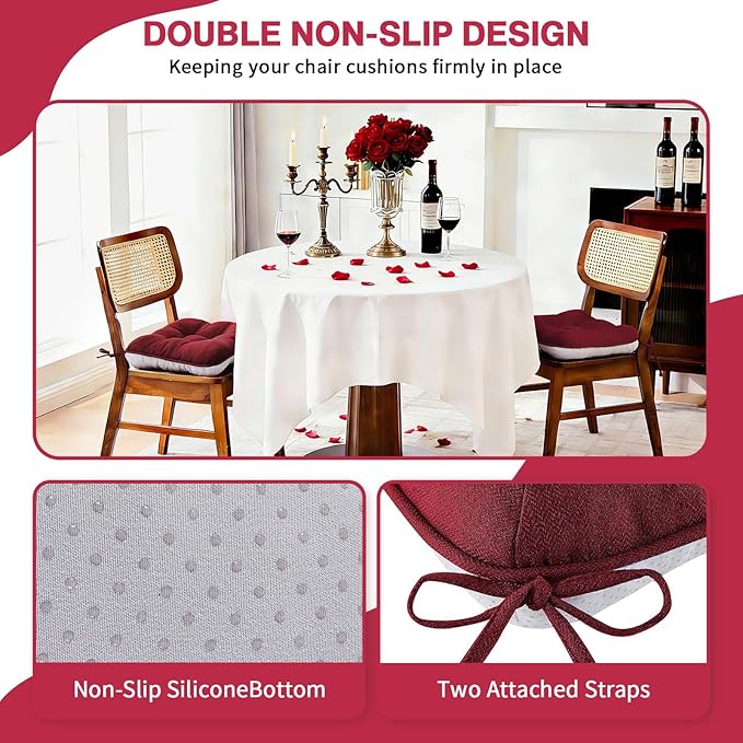 BETU Chair Cushions for Dining Chairs Set of 4,3.5" Thick Kitchen Table Chair Pads with Ties,Non Slip Backing and Covers, Christmas Decor Seat Cushion for Dining Room,Bar,Patio Chairs,16"X16"X3.5",Red