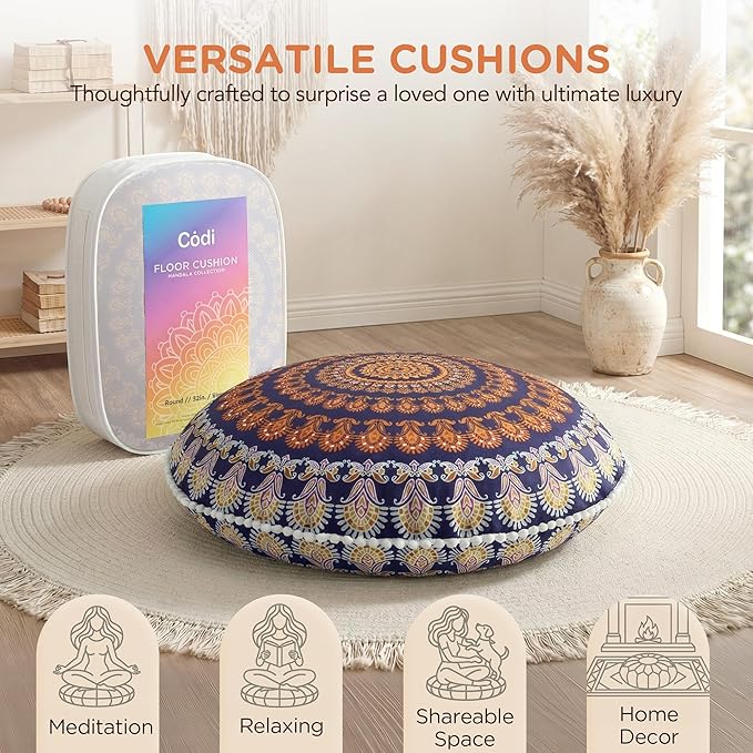 Codi Floor Pillows for Sitting Set of 2, Large Meditation Cushions for Adults with Memory Foam, Bohemian Mandala Round Seating for Outdoor Yoga and Living Room, Washable，32 Inch, Yellow