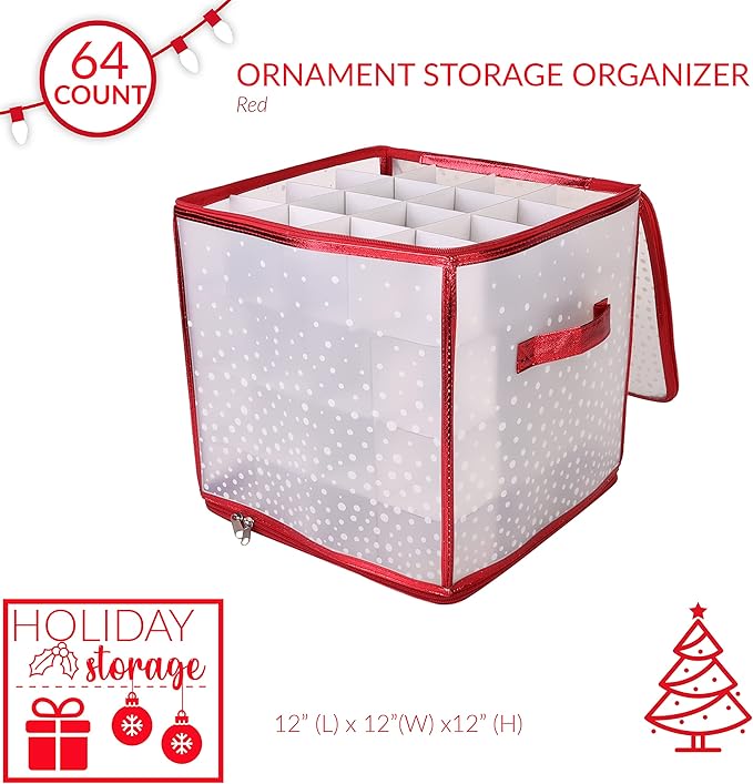 Simplify 64 Count Ornament Storage Box | Plastic | Decorative Organizer | Storage Bin | Red | L12 x W12 x H12