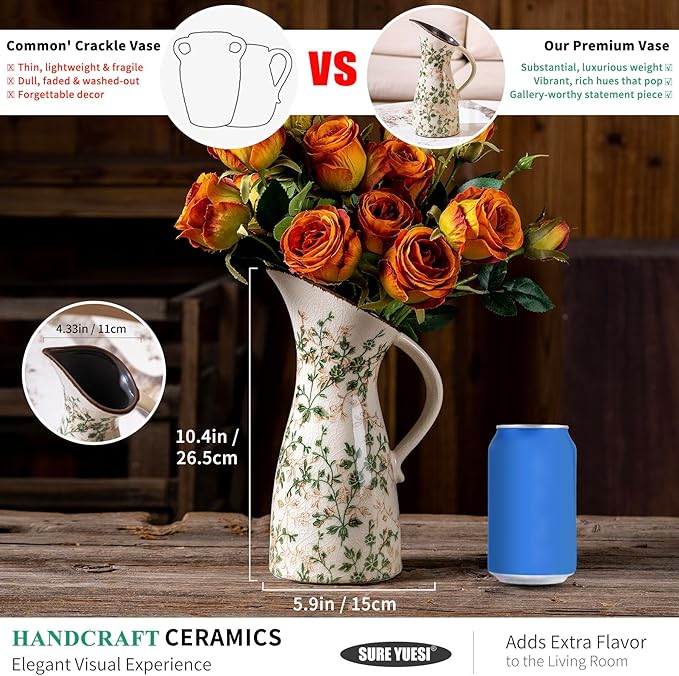 for Mom from Daughter or Son, Vintage Ceramic Pitcher Vase with Handle 10.5”, Green Farmhouse Floral Vase, Chinoiserie Rustic Decor for Living Room, Bookshelf, Office