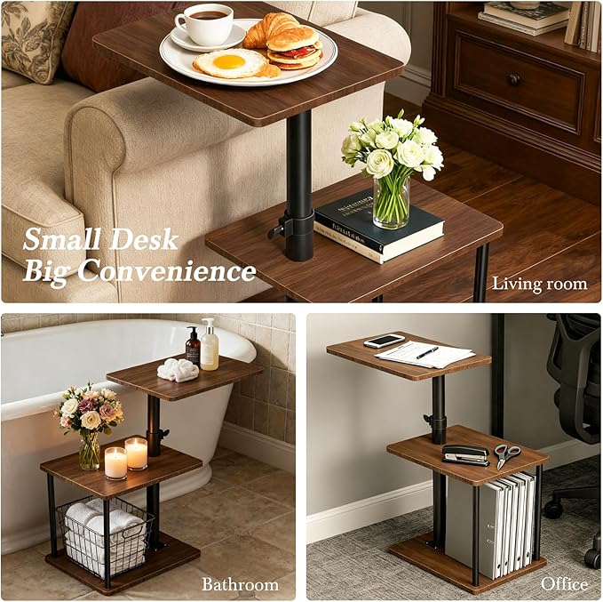Faesun Swivel Side Table for Couch Arm, Height Adjustable C Shaped End Table for Recliner or Bed, Tv Trays with Storage Shelf for Small Spaces- Small Nightstand for Living Room, Bedroom