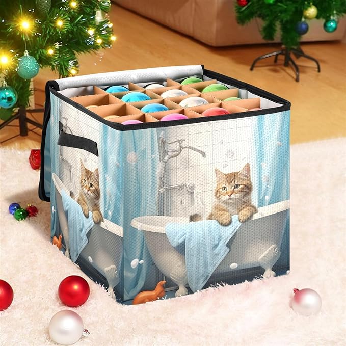 Kigai Bathroom Cat Christmas Ornament Storage Box with Zipper & Adjustable Dividers Holiday Ornament Organizer Xmas Storage Container, 64 Balls