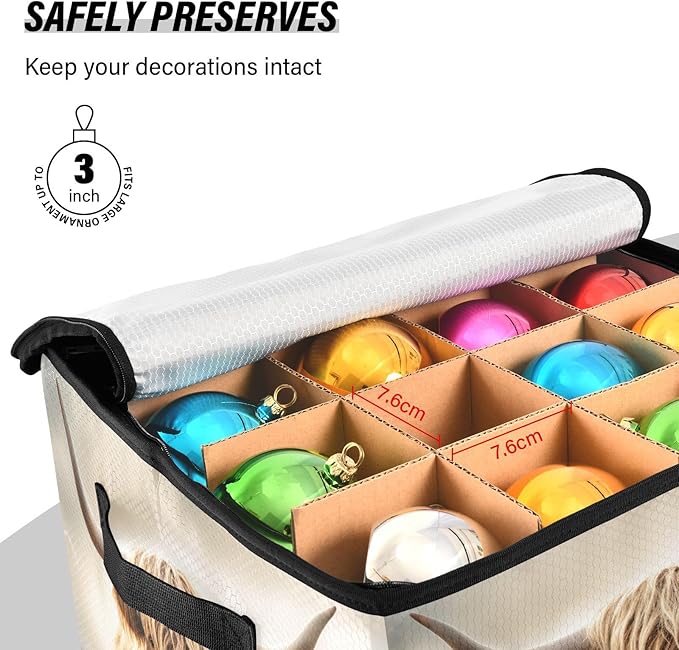 Kigai Highland Cow Christmas Ornament Storage Box with Zipper & Adjustable Dividers Holiday Ornament Organizer Xmas Storage Container, 64 Balls
