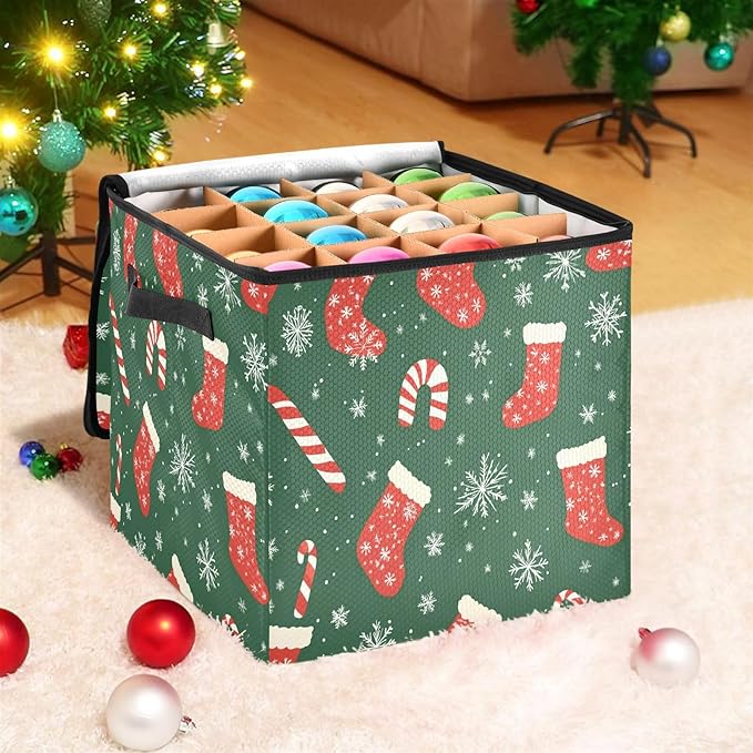 Snowflake Christmas Ornament Storage Basket Box Turquoise Teal Winter Holiday Storage Container Cube with Adjustable Dividers for 64 Holiday Ornaments or Decorations Keep Clean and Dry for Next Season