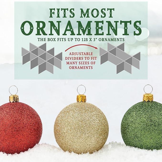 Christmas Ornament Storage Container,Box Stores Up to 128-3 inch ornaments, Adjustable Dividers, Large Organizer Bin to Protect and Store Holiday Décor - Red