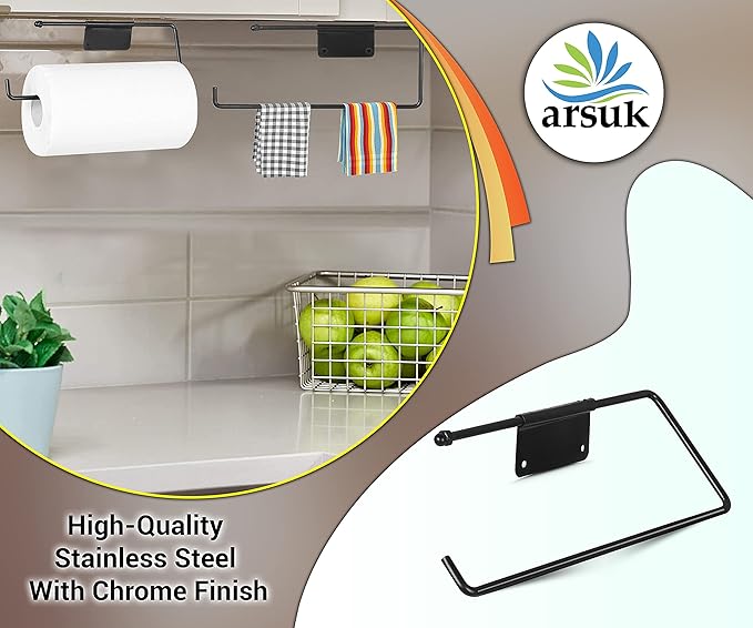 ARSUK Paper Towel Holder, Kitchen Towel Holder Under Cabinet Wall Mounted Stainless Steel 11.4 x 0.29 x 4.7 in (Black)