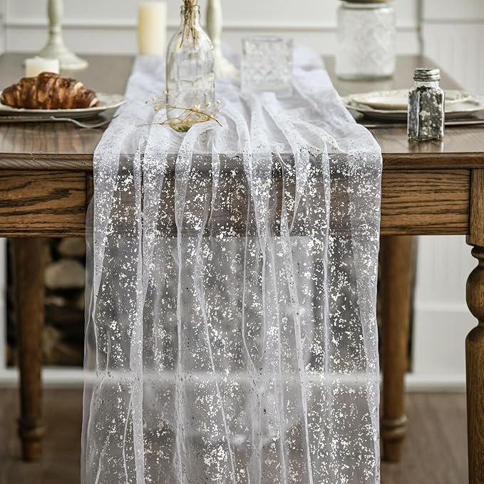 Artoid Mode 6Pcs White Silver Gauze Table Runner 120 Inch 10FT, Glitter Metallic Foil Sheer Dining Wedding Anniversary Holiday Birthday Table Decor for Home Party