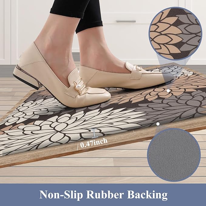 HEBE Anti Fatigue Kitchen Rugs Sets of 2, Non Slip Kitchen Mats for Floor, Waterproof Cushioned Comfort Standing Carpet for Kitchen Sink, Home Office, Laundry Room