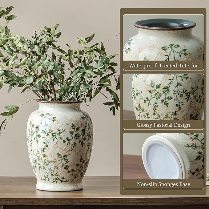 for Mom from Daughter or Son, Vintage Green & Beige Round Chinoiserie Ceramic Vase 8”, Ice Crack Floral Retro Decor for Living Room, Bookshelf, Office, Rustic Table Centerpiece