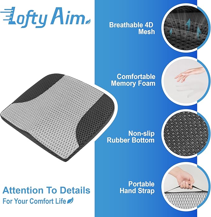 Lofty Aim Car Seat Cushion, Comfortable Memory Foam Seat Pillow for Driving, Sciatica-Back Pain Relief, Cushion for Car-Truck, Office, Wheelchair - Mesh Black&Gray