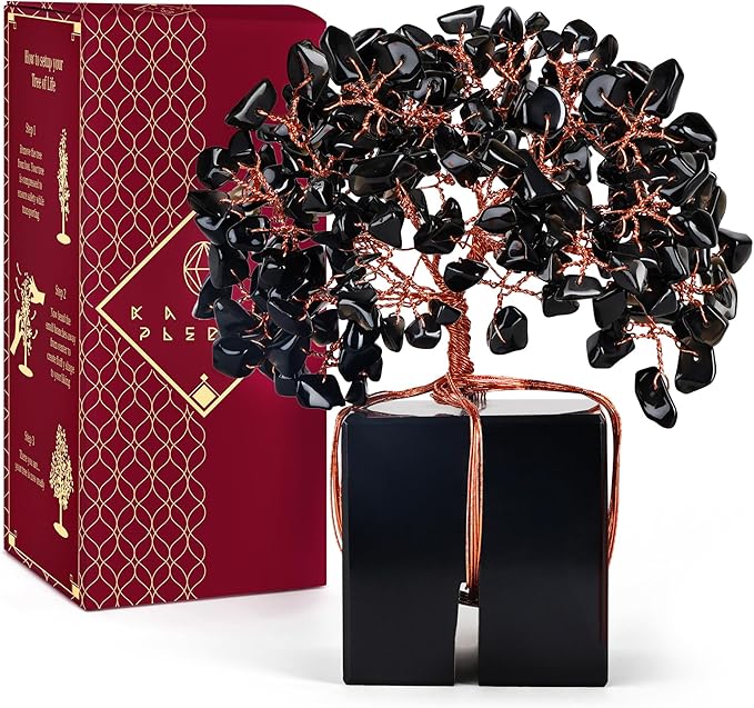 Chakra Tree of Life for Unique Gifts for Mom, Dad, Home and Office Decor, Handmade Black Obsidian Healing Crystal Tree for Positivity, Money & Good Luck, Birthday Gifts for Women, Mens