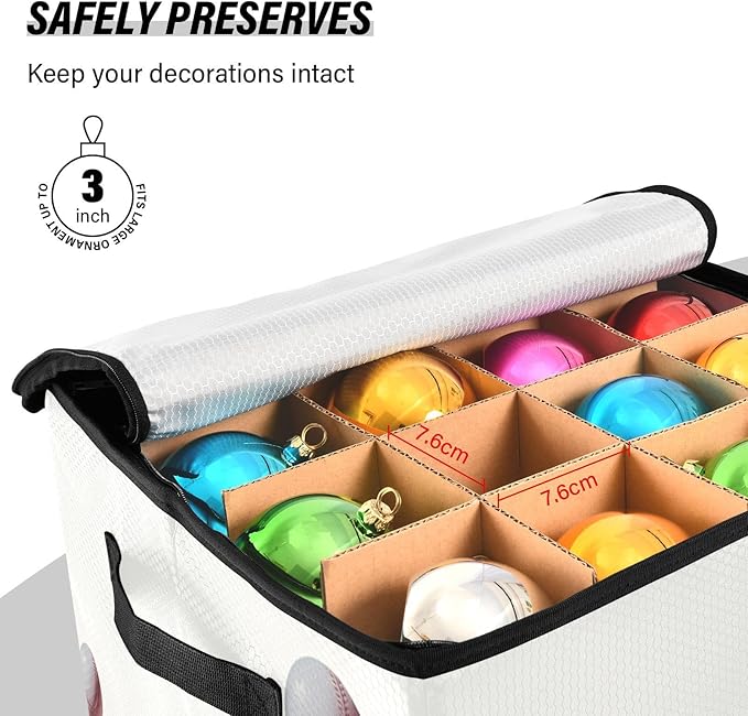 Kigai Baseball Christmas Ornament Storage Box with Zipper & Adjustable Dividers Holiday Ornament Organizer Xmas Storage Container, 64 Balls