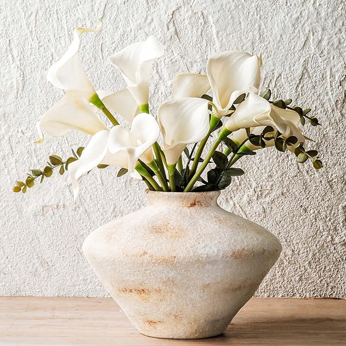 Rustic Ceramic Flower Vase, YBX White Ceramic Vase 5.6 Inches, Retro Distressed Textured Pottery Small Vase, Farmhouse Decorative Vases for Home Decor, Centerpieces, Hallway, Shelf Decorations, White