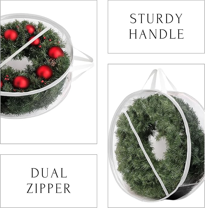 ProPik Christmas Wreath Storage Bag - 4 Pack Clear Christmas Wreaths Container- Garland Holiday Artificial Wreath Storage Holder –Water Proof Transparent PVC (White, 24 Inch)