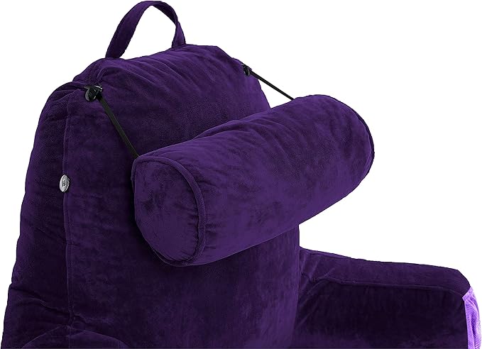 Husband Pillow Medium Reading Pillow with Arms - 23" Backrest for Sitting Up in Bed - Firm Support Bed Rest Pillow for Adults, Neck Roll, Removable Cover - TV, Reading, Lounging - Purple
