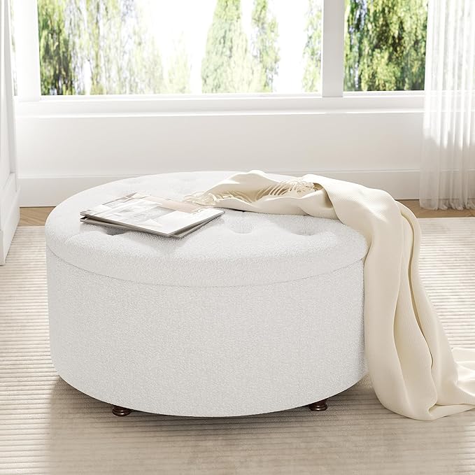 30 Inch Round Storage Ottoman,Modern Tufted Ottomans,Circular Coffee Table with Removable Top,Upholstered Large Ottoman with Storage Footrest Stool for Bedroom Living Room (Teddy White)