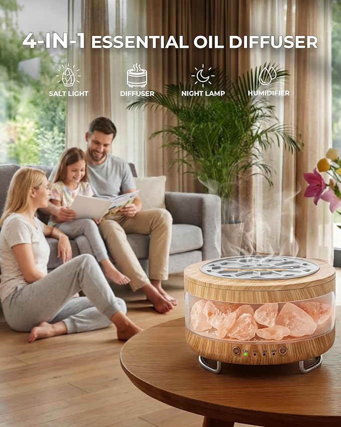 4-in-1 Ultrasonic Essential Oil Diffuser with Himalayan Salt Lamp, Humidifier & 7-Color LED Mood Light, Timer & Auto Shut-Off, Ultra-Quiet Aroma Diffuser for Bedroom, Office & Yoga –Beige