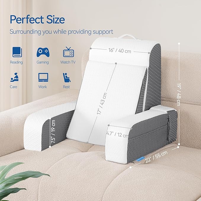Kayfia Reading Pillow, 10 in 1 Back Pillow for Bed Sitting up with Detachable Arms Rest, Back Rest Pillow with Gel Memory Foam,for Reading/Gaming/Working in Bed or Couch 19", White