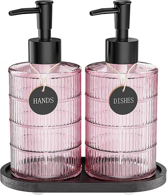 MASADI Soap Dispenser Set with Bamboo Tray, Dish and Hand Soap Lotion Dispenser Set with Wooden Pump for Kitchen and Bathroom Decor for Counter, Modern Vintage Liquid Soap Dispensers (Pink&Black)