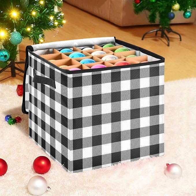 Christmas Ornament Storage Basket Box Buffalo Plaid Black White Winter Holiday Storage Container Cube with Adjustable Dividers for 64 Holiday Ornaments or Decorations Keeps Clean and Dry