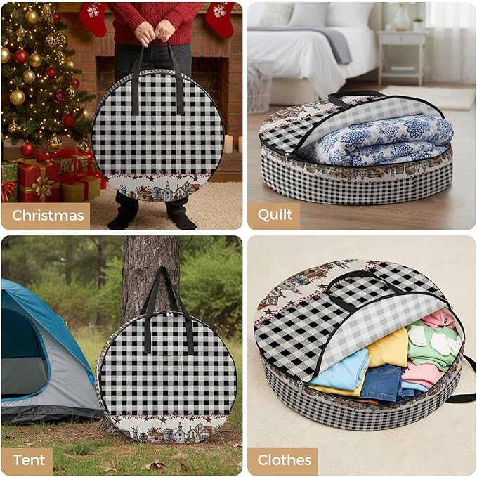 Storage Bag Barn Star Farmhouse Round Storage Totes Bins Closet Organizers with Zippers & Handle Black Buffalo Plaid Clothes Storage Container for Bedroom Dorm Space Saving Packing Supplies Bags