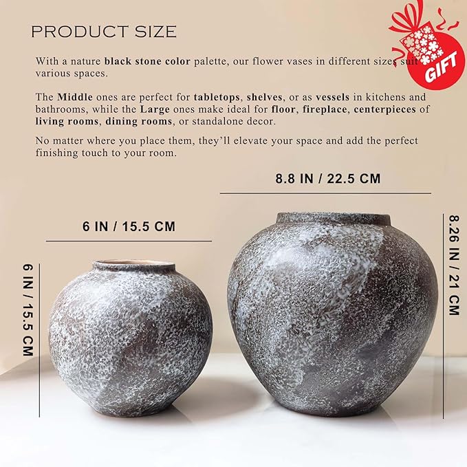 Large Rustic Black Stone Vase Home Decor - 8.8 in Ceramic Vintage Farmhouse Vases for Decor, Decorative Terracotta Round Clay vase for Living Room, Table, Shelf, Kichen Décor