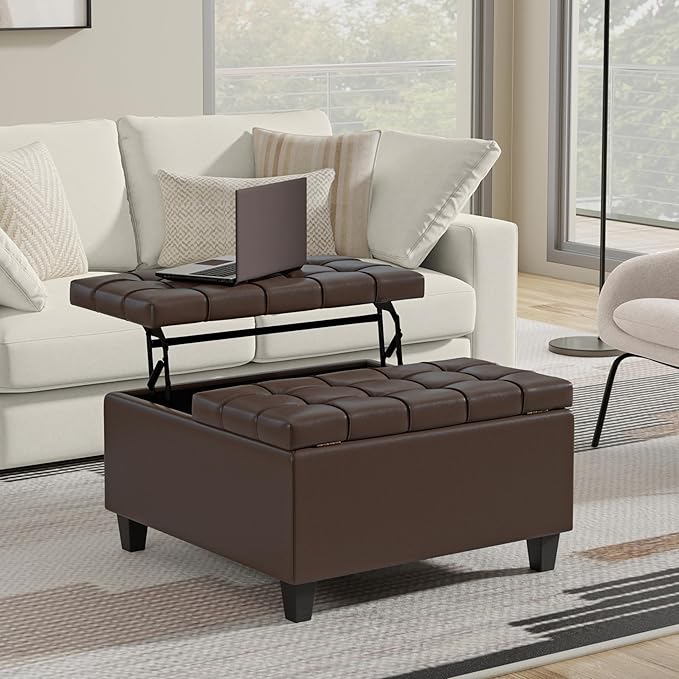 SIMPLIHOME Harrison Small Coffee Table Storage Ottoman - 30 inch Wide Upholstered Vegan Leather Square Lift-Top Ottoman in Chocolate Brown, Transitional Ottoman for Living Room with Hidden Storage