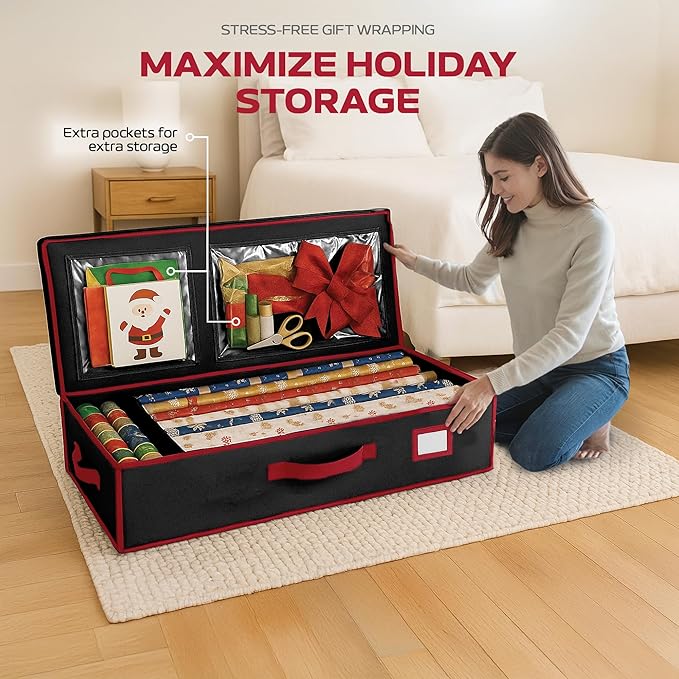 Christmas Wrapping Paper Organizer Storage, with Straps & Pockets, Gift Wrap Organizer Bag for Christmas Decorations, Fits Upto 24 Rolls, Underbed Storage for Holiday Decoration, (Black)
