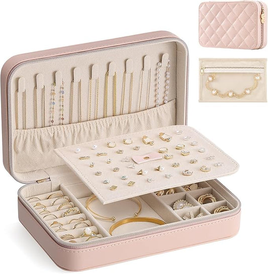 Lolalet Travel Jewelry Case for Women Girls, PU Leather Jewelry Organizer with Clear Storage Bag Small Portable Jewelry Box for Necklace Bracelet Earring Ring Mothers Day Birthday Gifts -Large/Pink