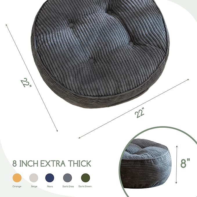 HIGOGOGO 8" Extra Thick Floor Pillow Cushion for Adults, Meditation Cushion Pillow, Large Round Floor Sitting, Tufted Corduroy Cover, for Tatami Living Room or Yoga, 22x22 Inch, Dark Grey