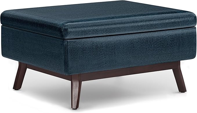 SIMPLIHOME Owen Coffee Table Storage Ottoman - 34" Wide x 19" High Upholstered Vegan Leather Rectangular Lift-Top Ottoman in Distressed Dark Blue, Mid-Century Modern Bench with Tapered Legs