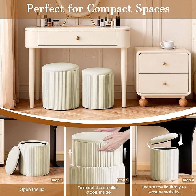 Vanity Stool Set of 2 - Round Storage Ottoman with Lid, Velvet Footrest Pouf for Makeup Room & Living Room, Multi-Use Small Chair with Hidden Storage（Beige）