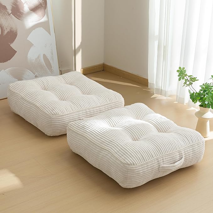 HIGOGOGO 6" Extra Thick Floor Pillow Cushion for Adults, Meditation Cushion Pillow, Large Square Floor Sitting, Tufted Corduroy Cover, for Tatami Living Room or Yoga, 22x22 Inch, 2Pack, Beige