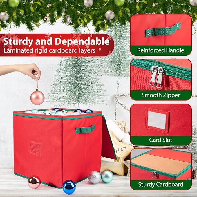 Christmas Ornament Storage Box with 4 Trays, Holiday Decor Storage Organizer for 64 Balls, Zippered Oxford Fabric Bin with Adjustable Dividers & Removable Compartments