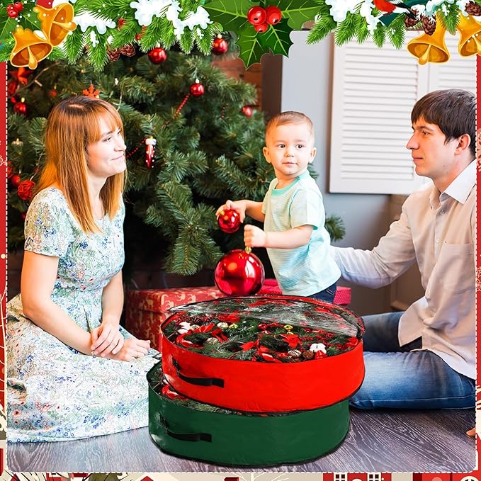 Aliceset 4 Pack Wreath Storage Containers, Ornament Garland Wreath Storage Bags with Handle Zipper Decorative Storages Box for Winter Valentine Wreaths(24 x 24 x 7.8 Inch,Red, Green)