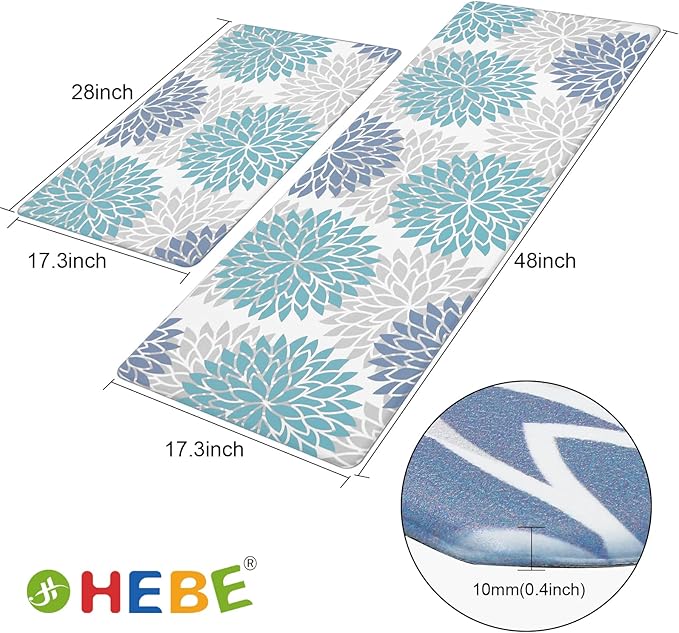 HEBE Anti Fatigue Kitchen Rugs Sets of 2, Non Slip Kitchen Mats for Floor, Waterproof Cushioned Comfort Standing Carpet for Kitchen Sink, Home Office, Laundry Room, Teal