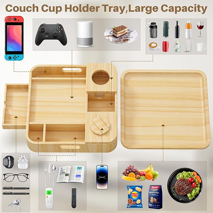 Couch Cup Holder, Couch Tray Cup Holder Sofa Tray, Large Capacity 2-Tier Wooden Trays with Drawer for Sofa, Bed, Picnic, Drinks, Snacks, Remote, Cell Phone, Headphones (Solid Pine Wood)12.5*12.5 in