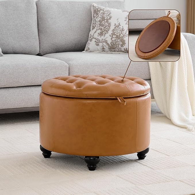 WUTUTUEE 24Inch Round Storage Ottoman with Tray, Modern Tufted Leather Circle Coffee Table with Storage, Upholstered Ottoman with Removable Top for Living Room, Bedroom, Leather Brown