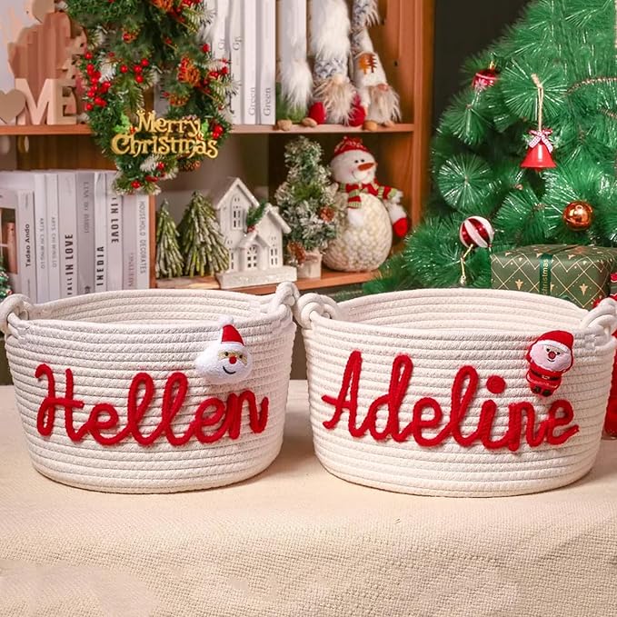 Personalized Christmas Cotton Rope Basket - Custom Holiday Gift Basket with Name - Festive Storage Organizer for Holiday Decor & Seasonal Gifts (STYLE-A)