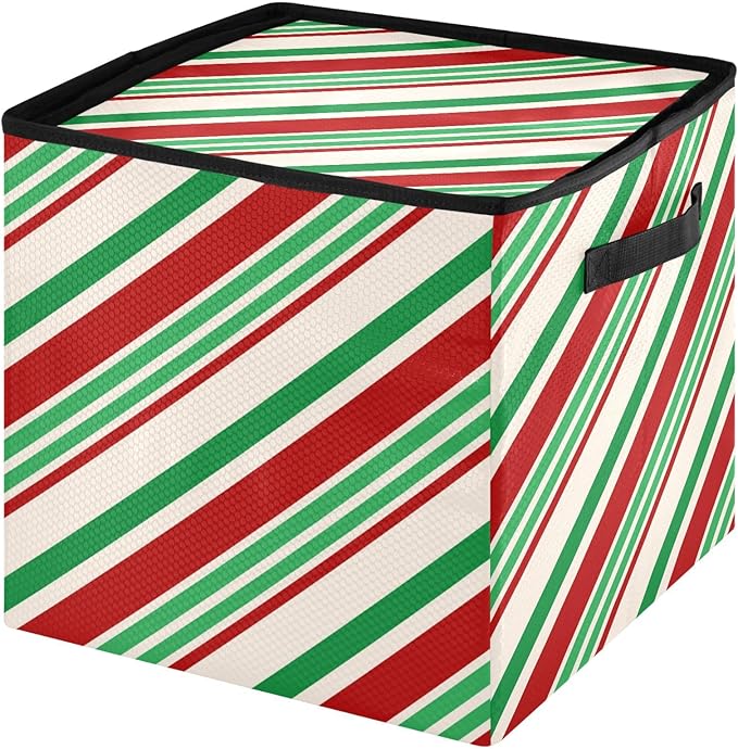 Candy Cane Christmas Ornament Storage Basket Box Green Red Stripe Winter Holiday Storage Container Cube with Adjustable Dividers for 64 Holiday Ornaments or Decorations Keeps Clean and Dry