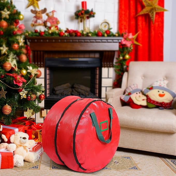 Shappy Double Layer Wreath Storage Container Bag Wreath Storage Pure Color Seasonal Garland Holiday Christmas Container Festive Box with Dual Zippers and Handles for Xmas(30 Inch,Red)